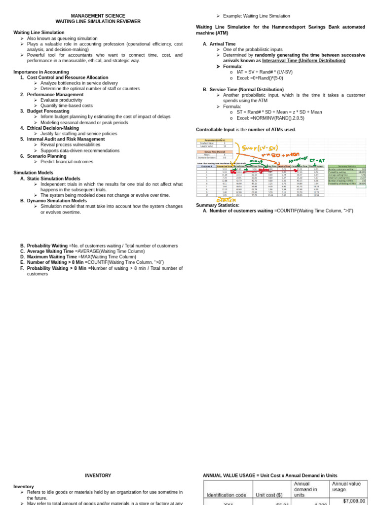 Mansci Waiting Line Simulation & Inventory Reviewer | PDF | Forecasting ...