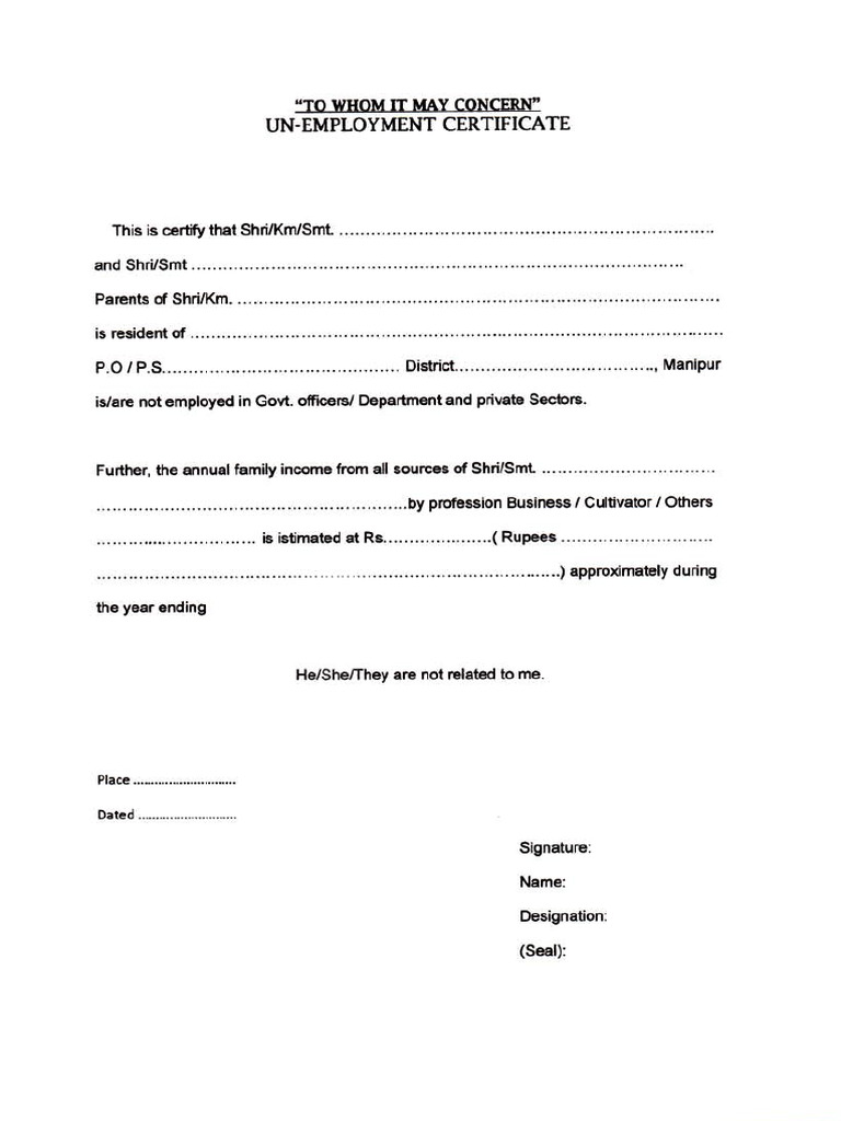 Unempioyment Certificate Manipur | PDF