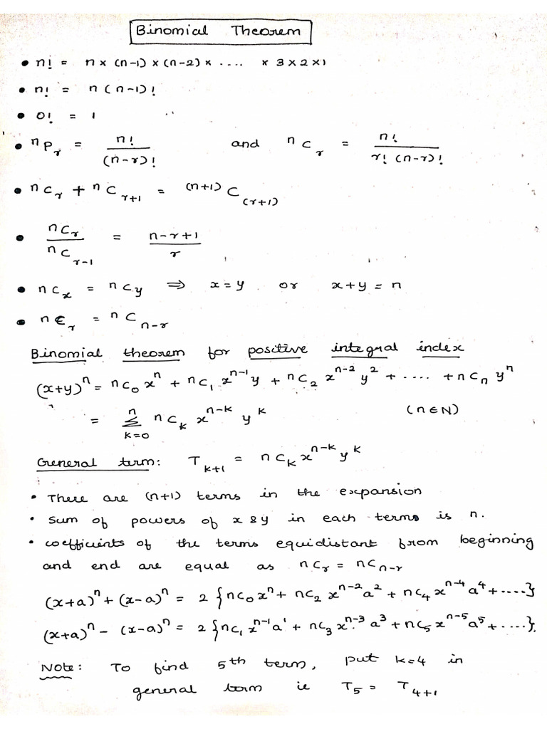 Binomial Theorem - Short Notes | PDF