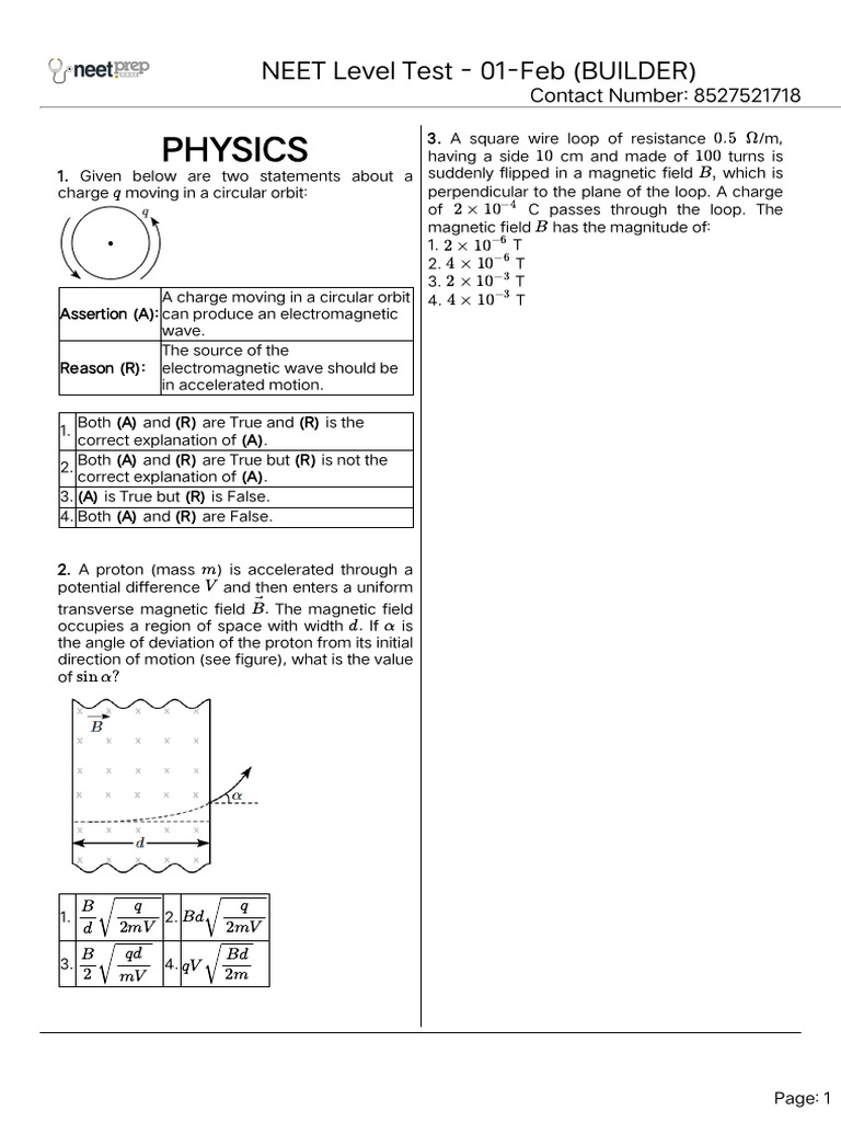 Neet Level Test 01 Feb Builder | PDF | Inductance | Electric Current
