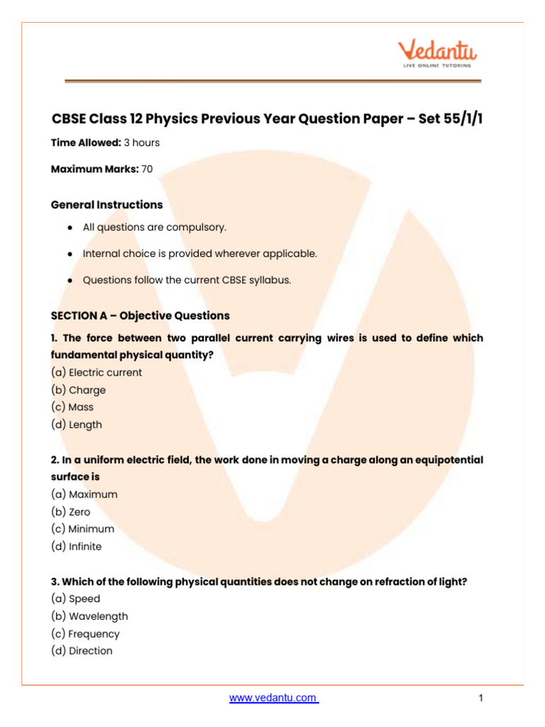 CBSE Class 12 Physics Question Paper Set 1 2025 PDF, Solutions ...