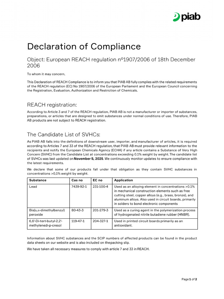Reach Compliance Piab 2025-11-26 v.7 | PDF