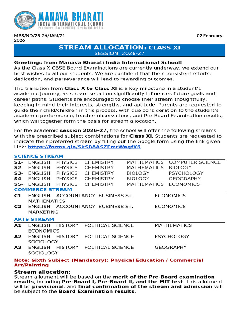 Stream Selection Class XI 2026-27-Circular | PDF | Science ...