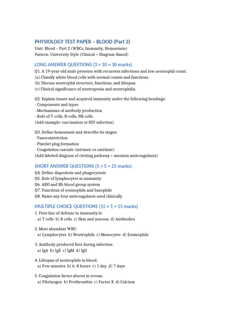 Physiology Blood Part 2 Test Paper | PDF