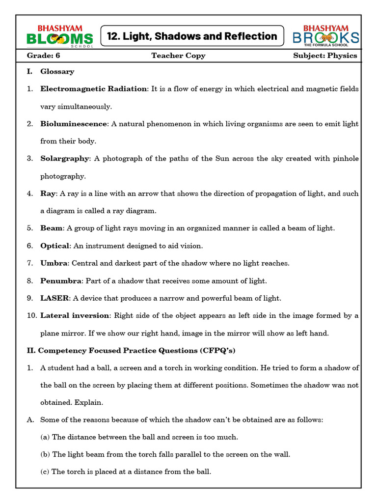 Ls.12 Light, Shadow and Reflection Teaching Notes1 | PDF | Light | Shadow