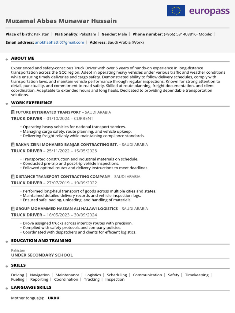 Muzamal Abbas Munawar Hussain - CV | PDF | Truck Driver | Transport