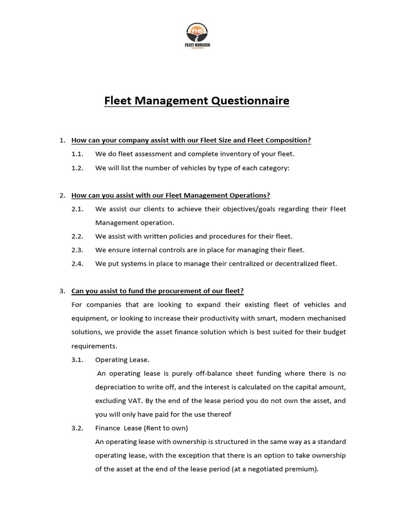 Fleet Management Questionnaire 1.2 | PDF | Lease | Insurance