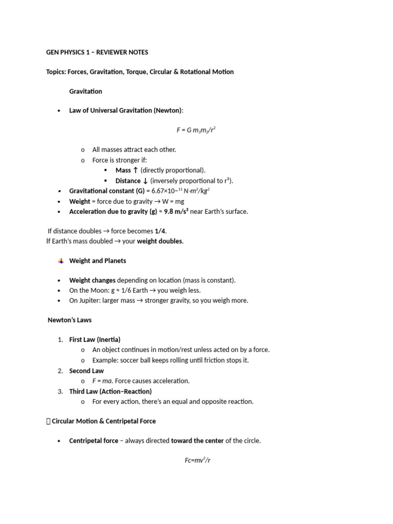 Gen Physics 1 | PDF | Force | Rotation Around A Fixed Axis