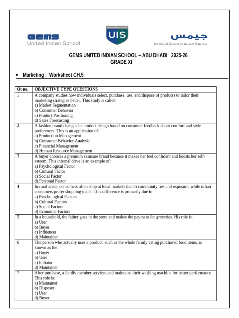 Grade 11 Ch.5 Consumer Behaviour Worksheet | PDF | Consumer Behaviour ...