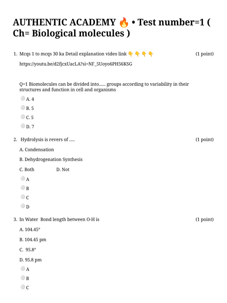 30 MCQS - Biological Molecules | PDF | Macromolecules | Biotechnology