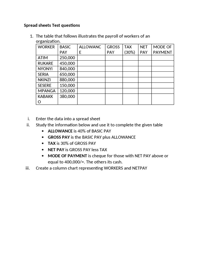 Spread Sheets Test Questions | PDF