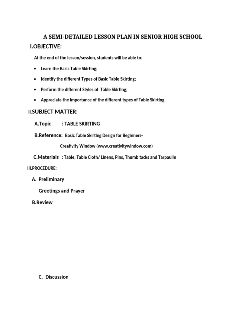Lesson Plan in Table Skirting Final | PDF
