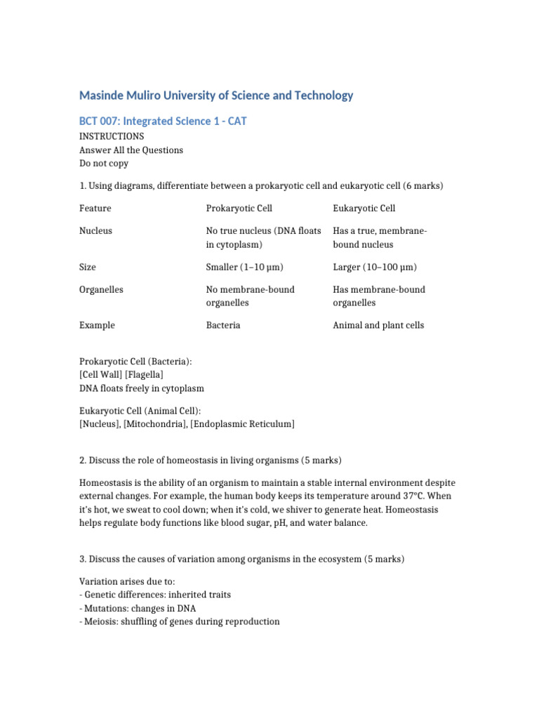 Integrated Science 1 CAT | PDF | Cell (Biology) | Eukaryotes
