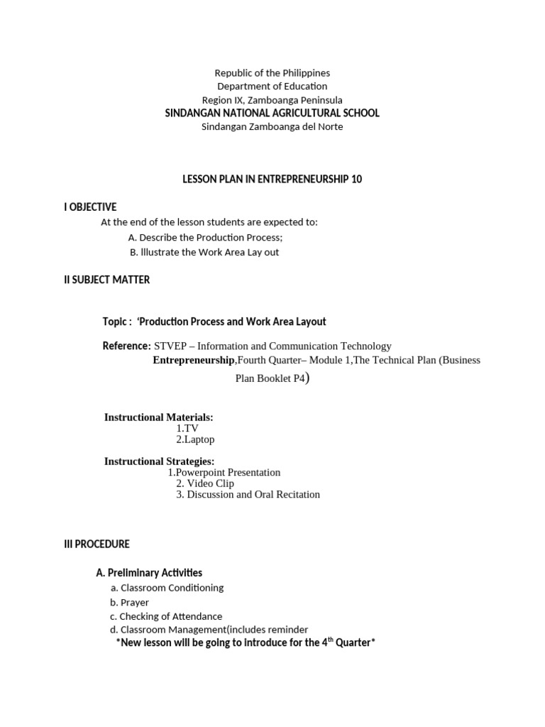 Lesson Plan in Production Process and Workshop Layout | PDF | Capital ...