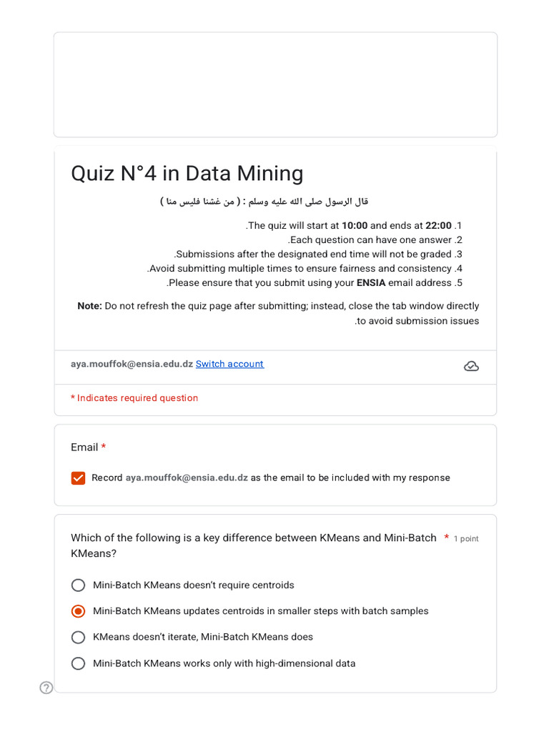 Quiz N°4 in Data Mining | PDF | Cluster Analysis | Algorithms
