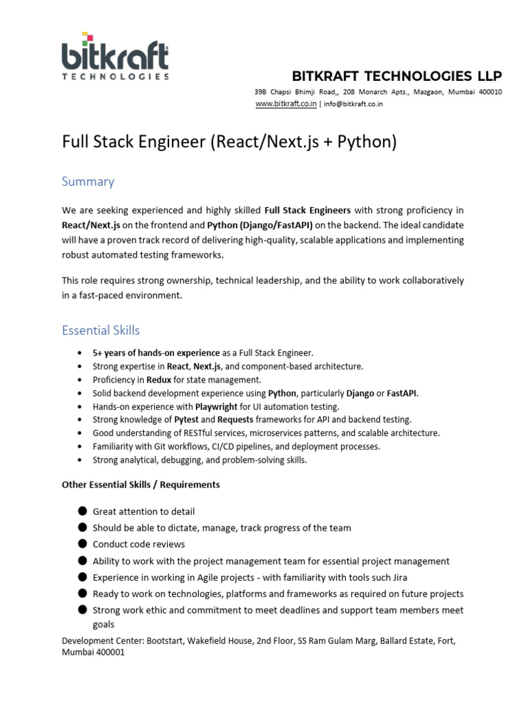 JD - FullStack Engineer | PDF | Computing | Computer Engineering