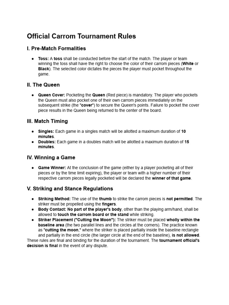 Official Carrom Tournament RulesI. Pre-Match Form.. | PDF