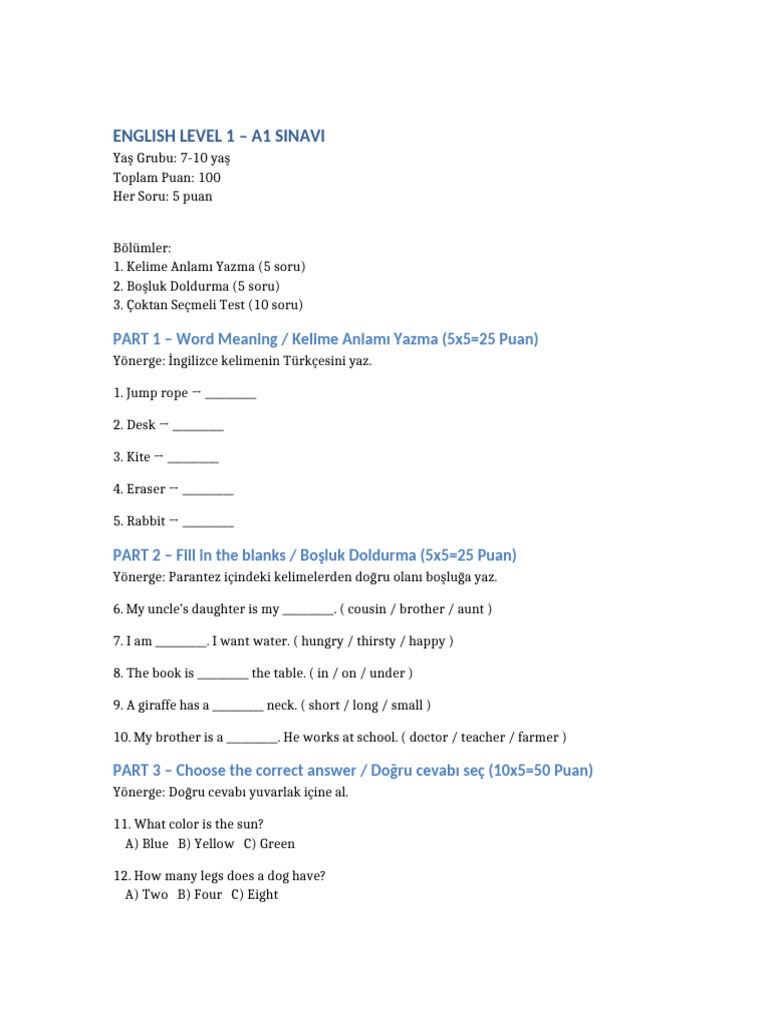 A1 Level1 Exam Final | PDF