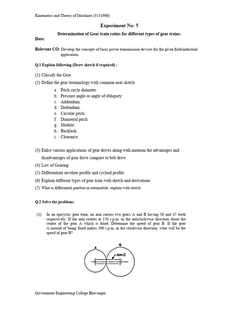 Experiment-5 (Gear and Gear Train) | PDF | Gear | Kinematics