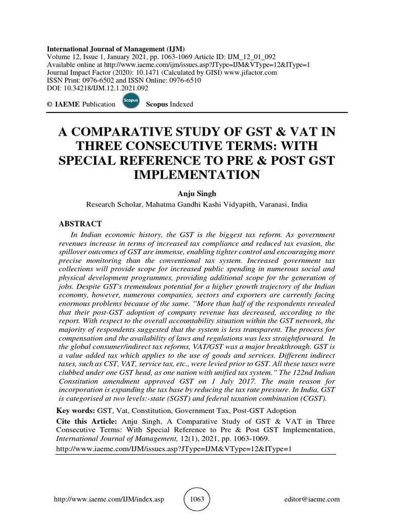 A Comparative Study of GST and Vat in TH | PDF | Taxes | Value Added Tax