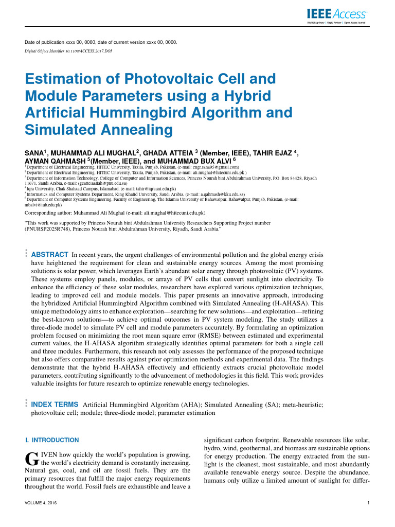 Estimation of Photovoltaic Cell and Module Parameters Using a Hybrid ...