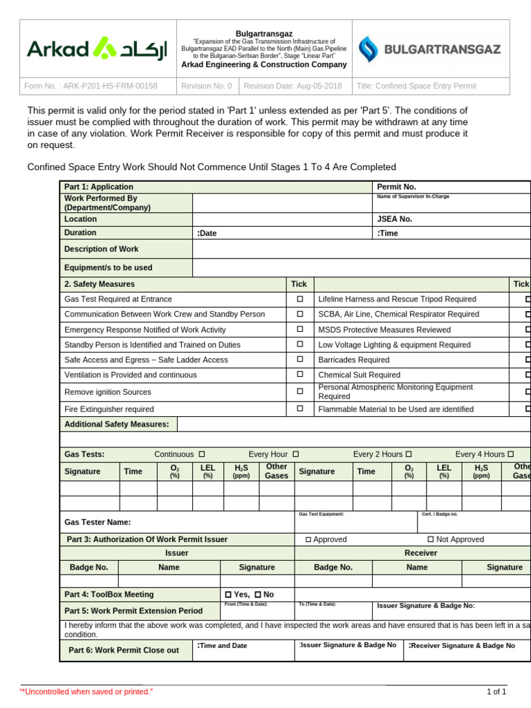 ARK P201 HS FRM 00158_Confined Space Entry Permit. | PDF | Working ...