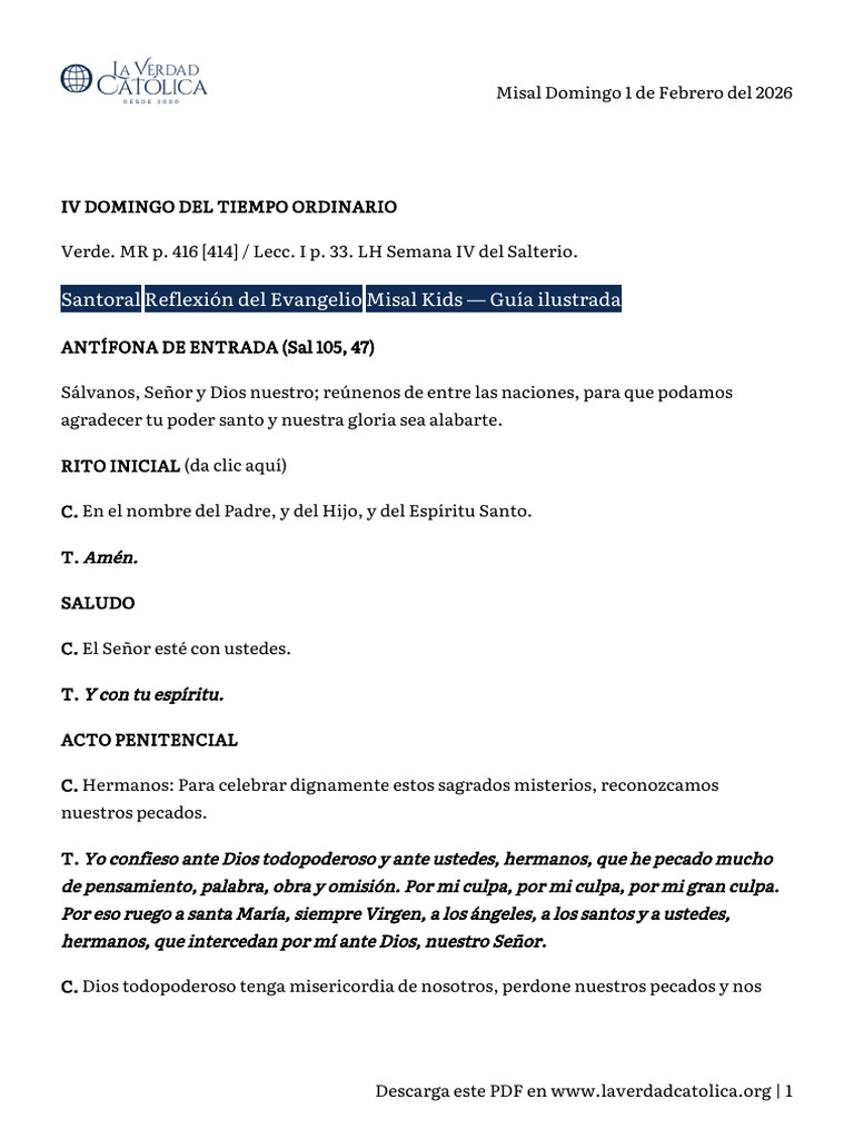 Misal Domingo 1 de Febrero Del 2026 | PDF | Adoración Cristiana Y Liturgia