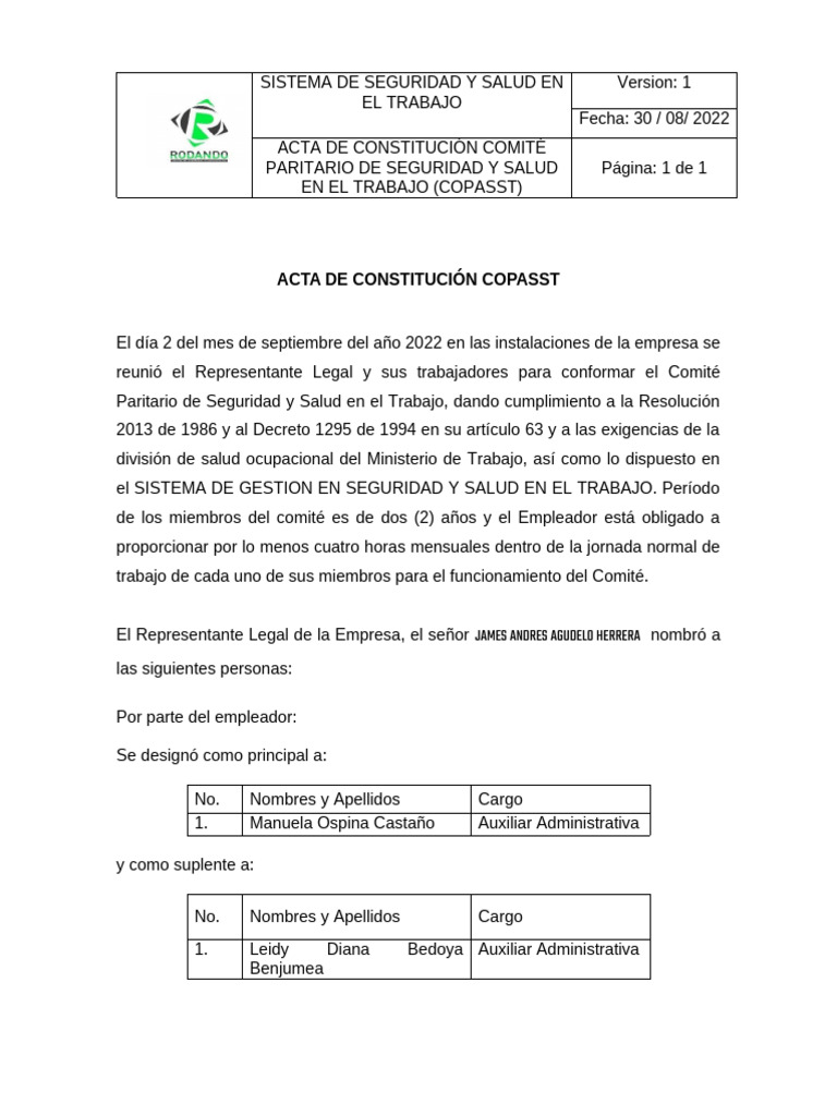 Acta de Constitucion COPASST | PDF | Gobierno