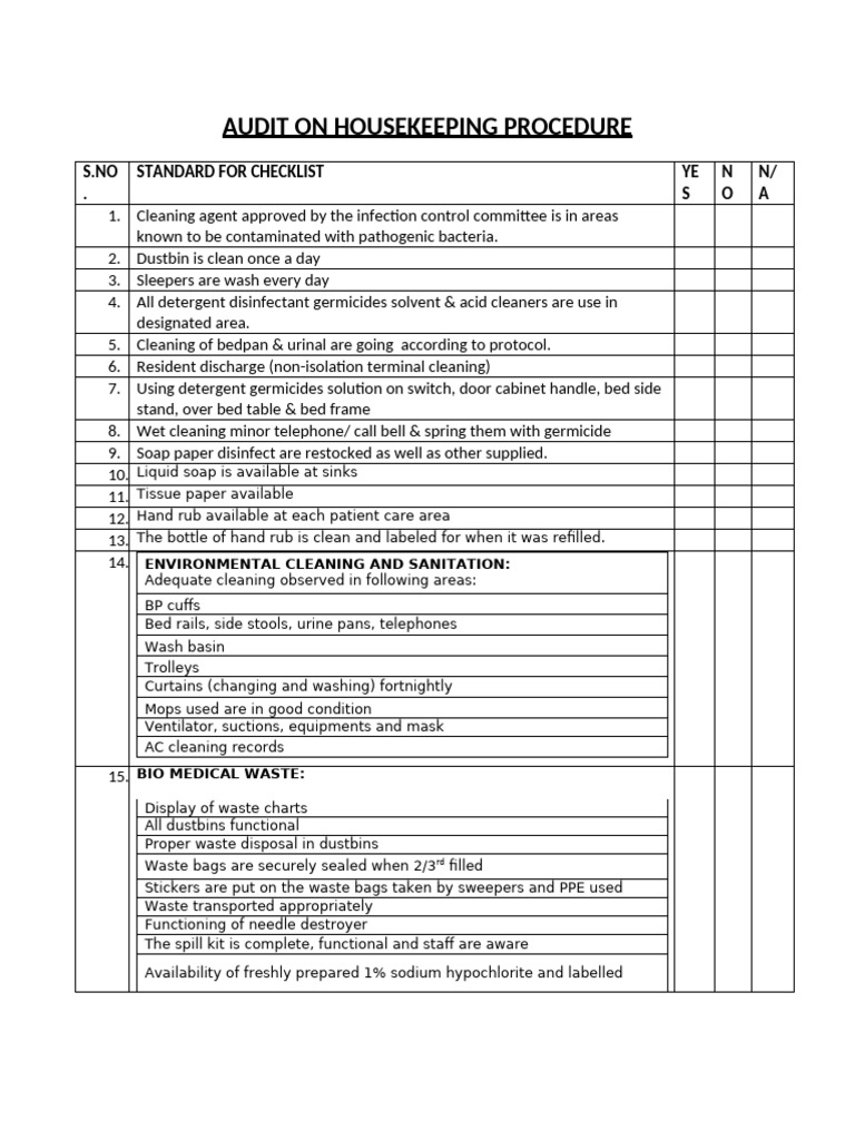 Audit On Housekeeping Procedure | PDF