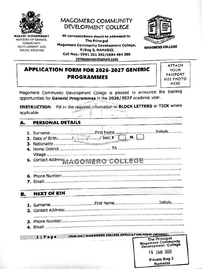 Magomero 2026-27 Generic Application Form | PDF