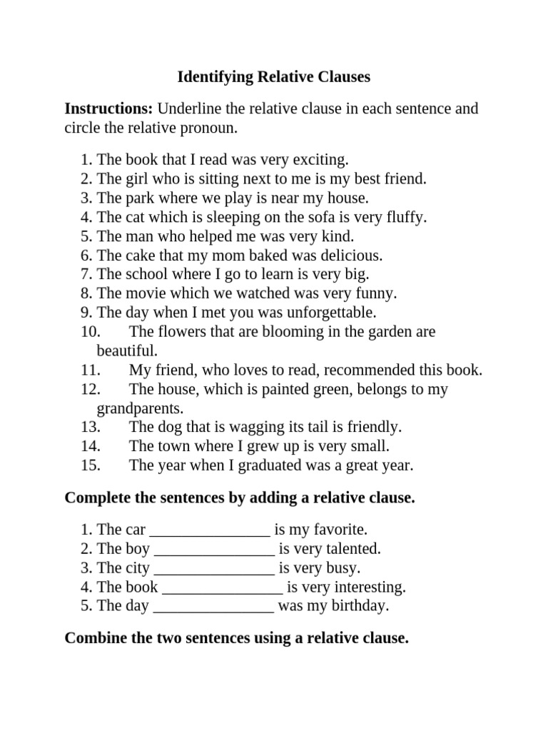Relative Clauses Worksheet | PDF