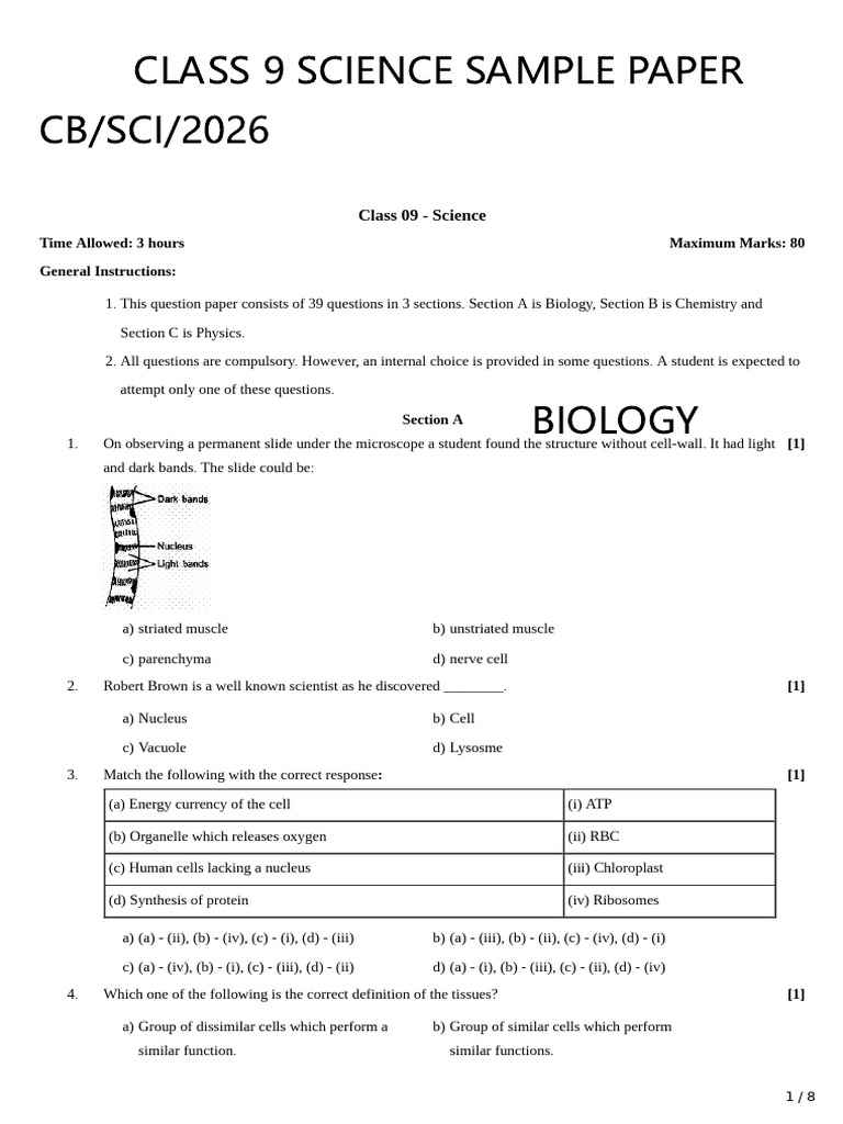 Class 9 Sample Paper 2026 Cb-2026 New | PDF | Tissue (Biology) | Plant Stem