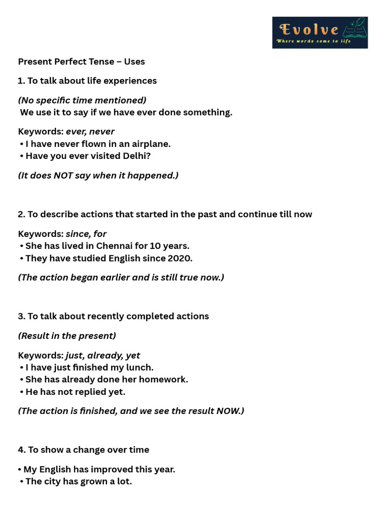 Present Perfect and Present Perfect Continuous Tenses - Hand Out | PDF