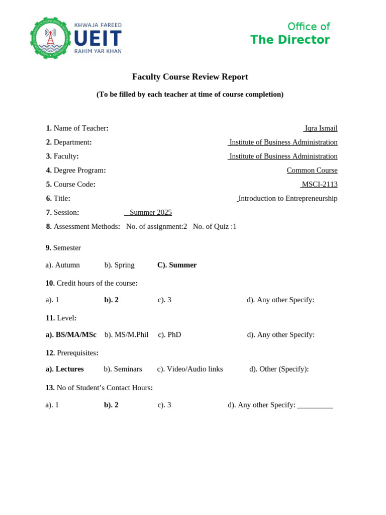 Entrepreneurship Faculty Course Review Form | PDF | Master Of Science ...