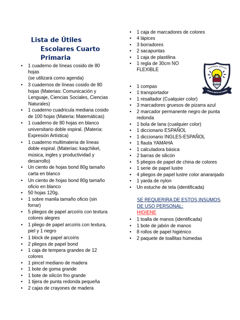 Lista de Útiles Escolares Cuarto Primaria 2026 | PDF | Cuaderno