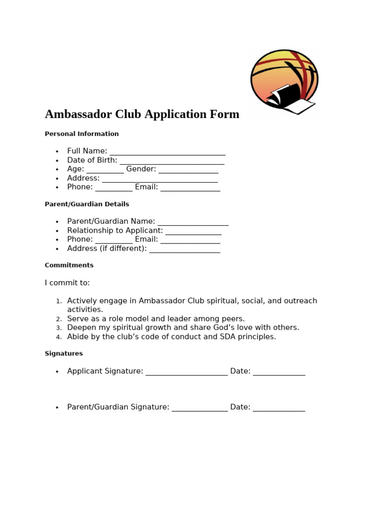 Ambassador Club Application Form | PDF