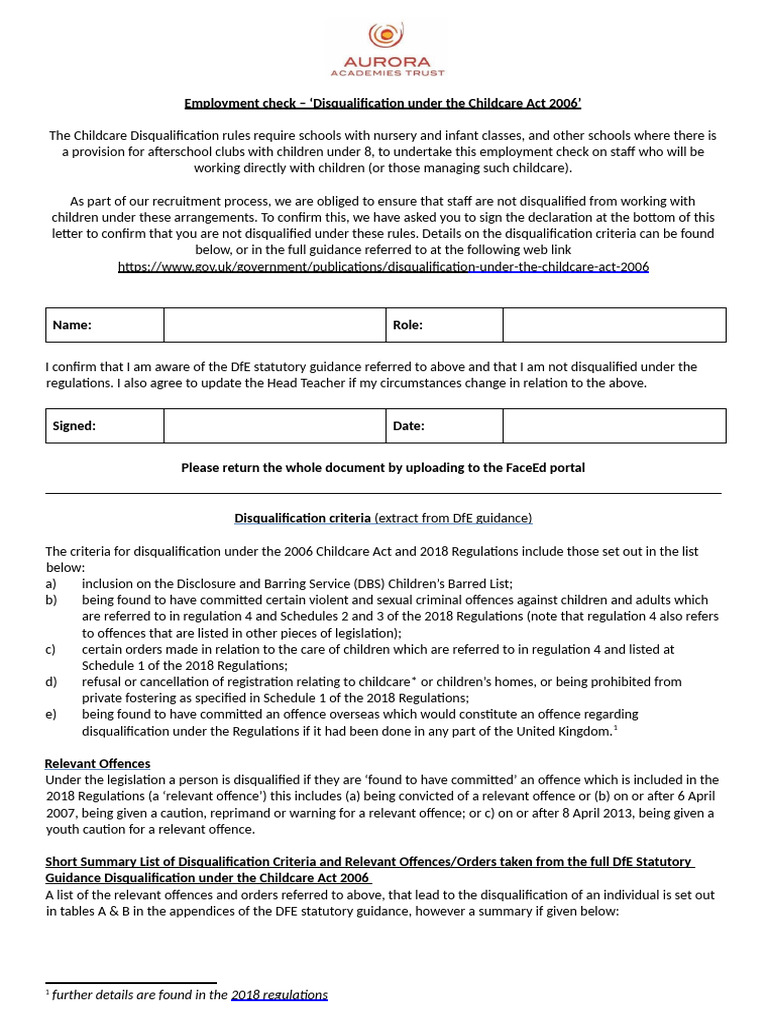 Disqualification From Childcare Act Declaration Form | PDF | Violence ...