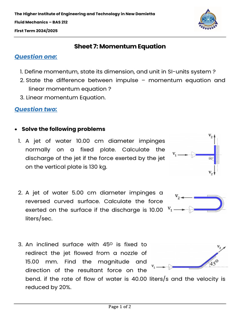 Sheet 7 - Momentum Equation | PDF