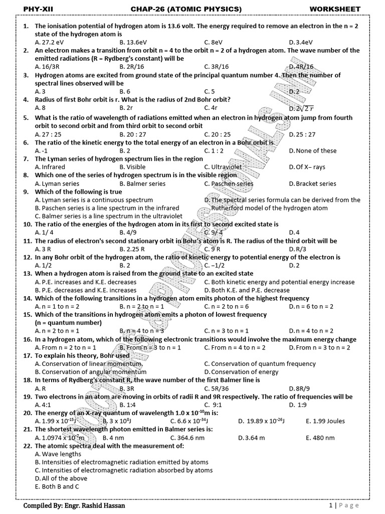 Phy Xii Chap 26 Worksheet | PDF | Atoms | Electron