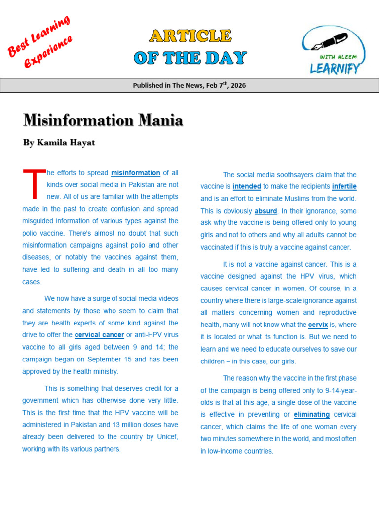 Article of the Day - Misinformation Mania-1 | PDF | Cervical Cancer ...