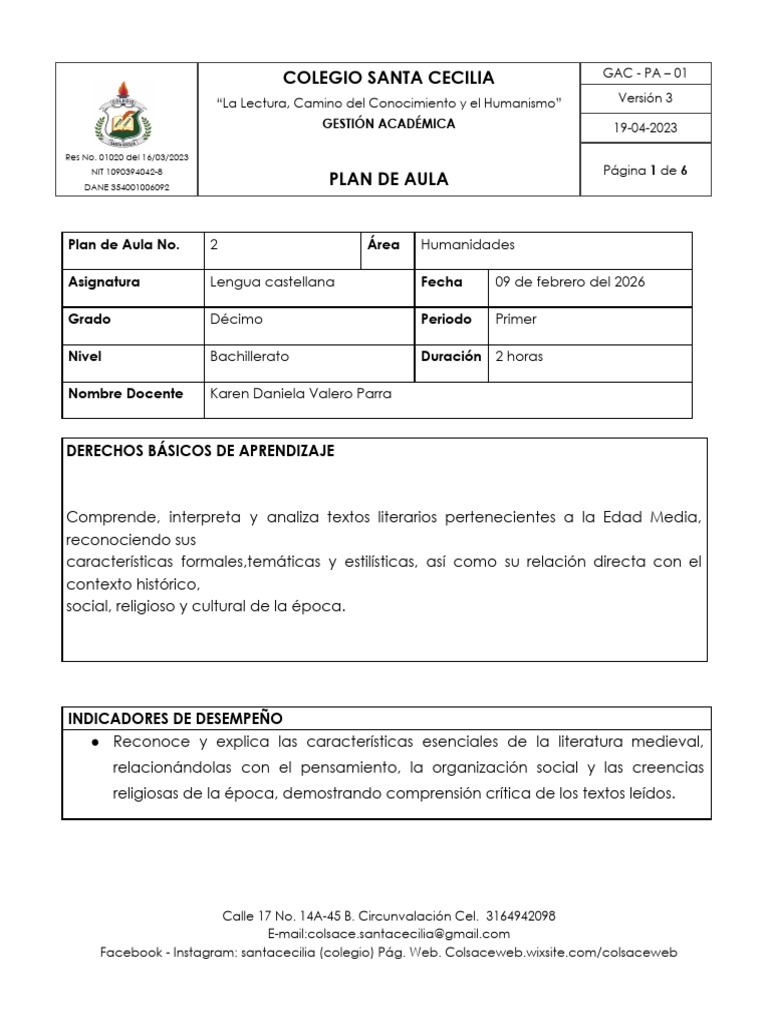 10° Lengua Plan de Aula | PDF