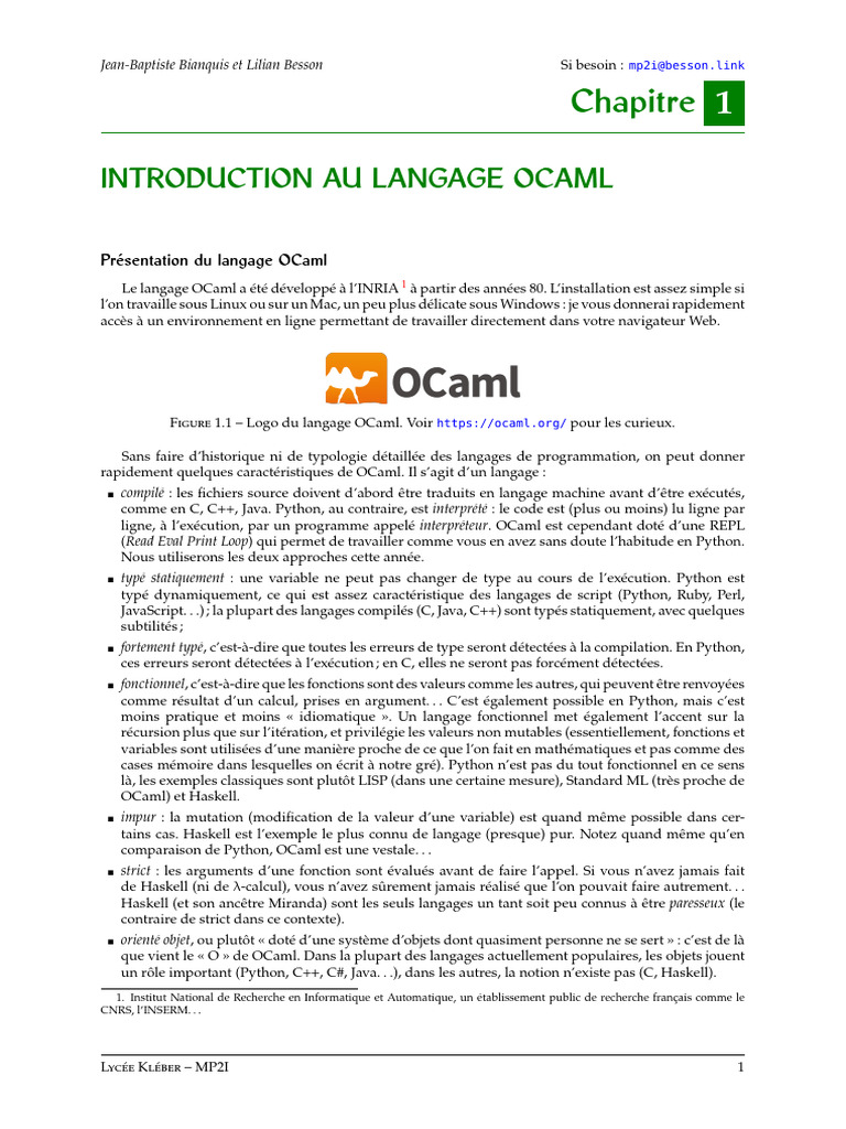 Chapitre 1 - Introduction Au Langage OCaml - 3 Et 4 Septembre 2025 ...