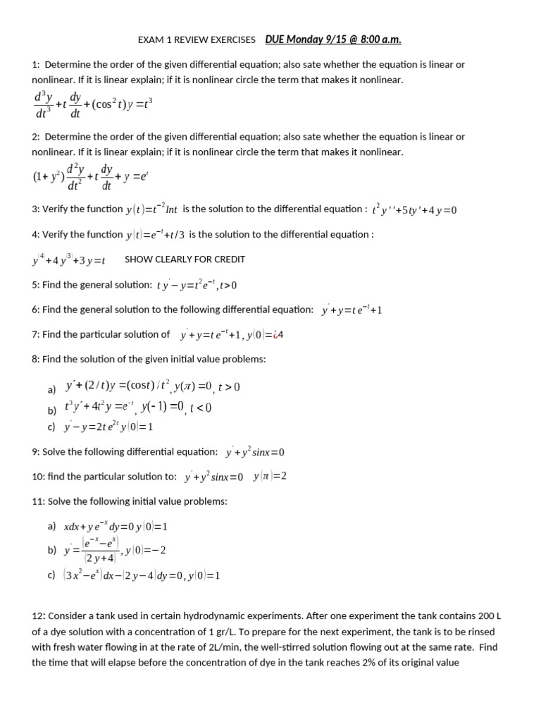 Exam 1 Review Exercises | PDF | Nonlinear System | Differential Equations