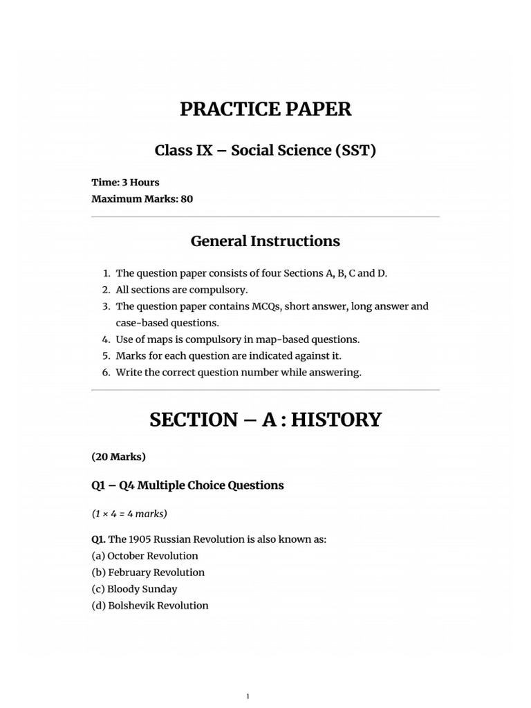 MOCK EXAM SST Class 9 1921 | PDF