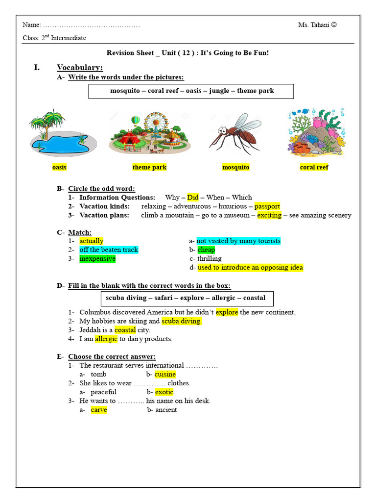 2nd intermediate revision sheet (answer key) unit 12 | PDF