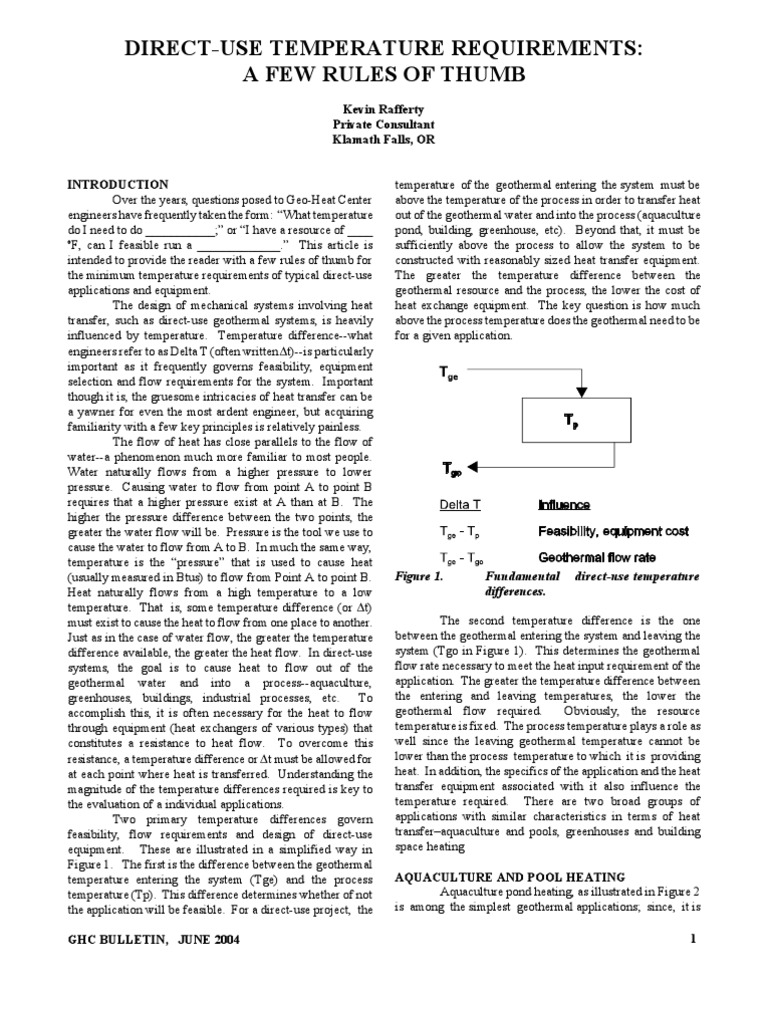 DirectUse Temperature Requirements A Few Rules of Thumb Kevin