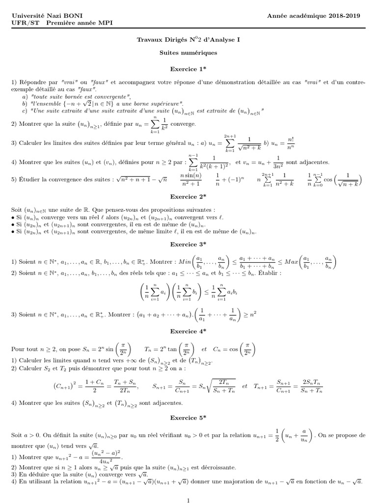 TD Analyse I 1 - 122403 | PDF | Mathématiques | Analyse mathématique
