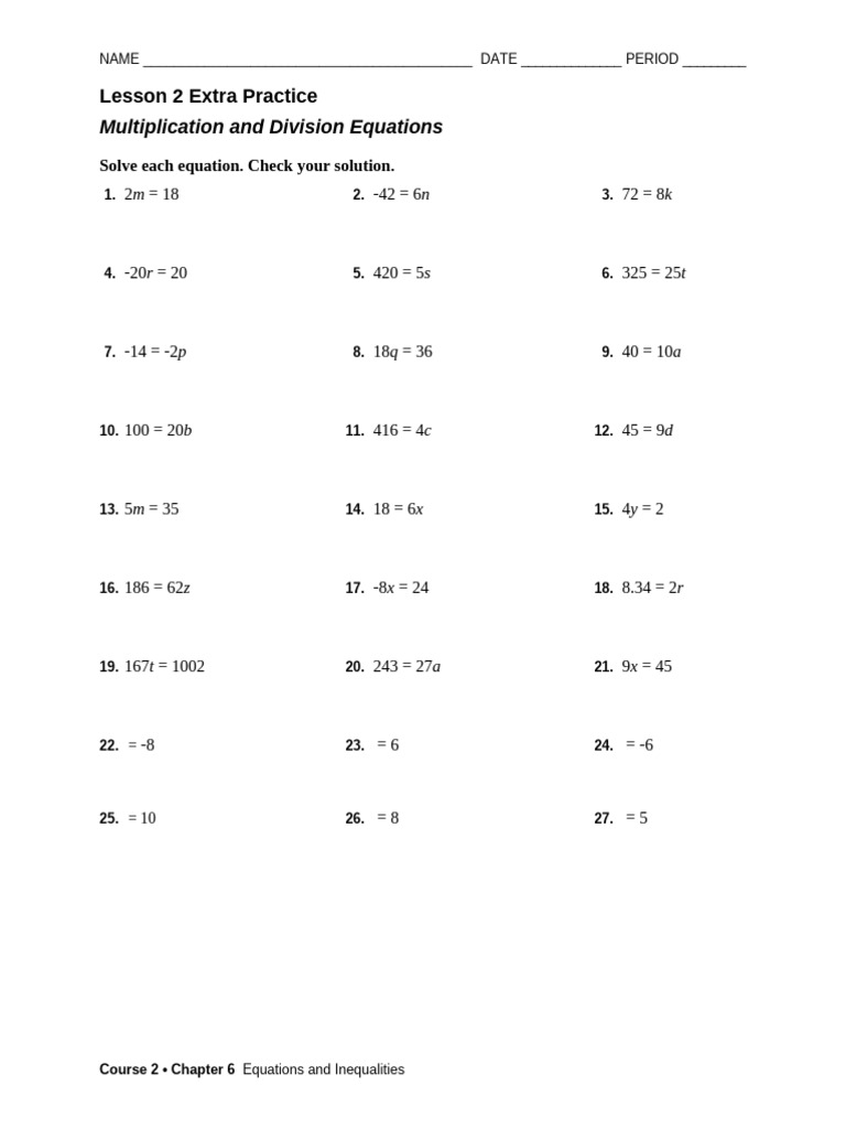 Extra Practice Multiplicaiton and Division Equations | PDF
