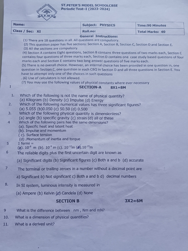 Pt-1 Physics Paper | PDF