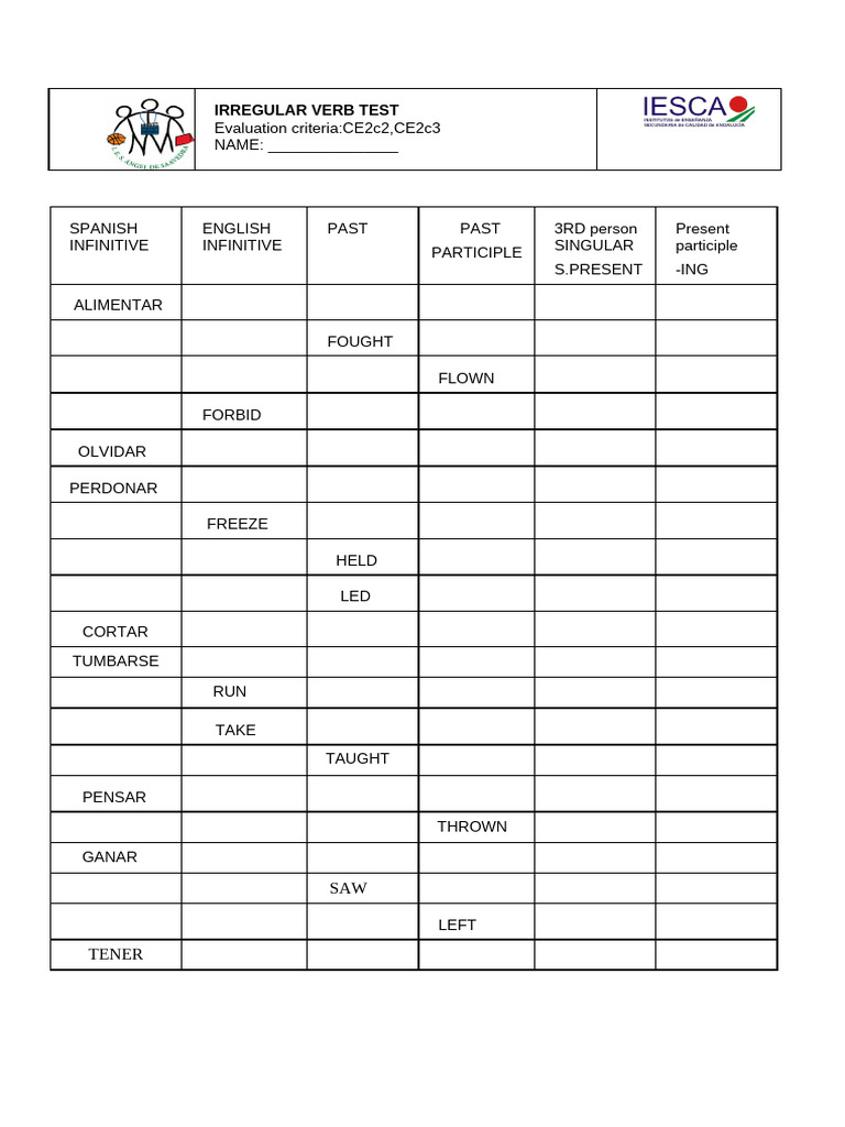 Irregular Verbs Test | PDF